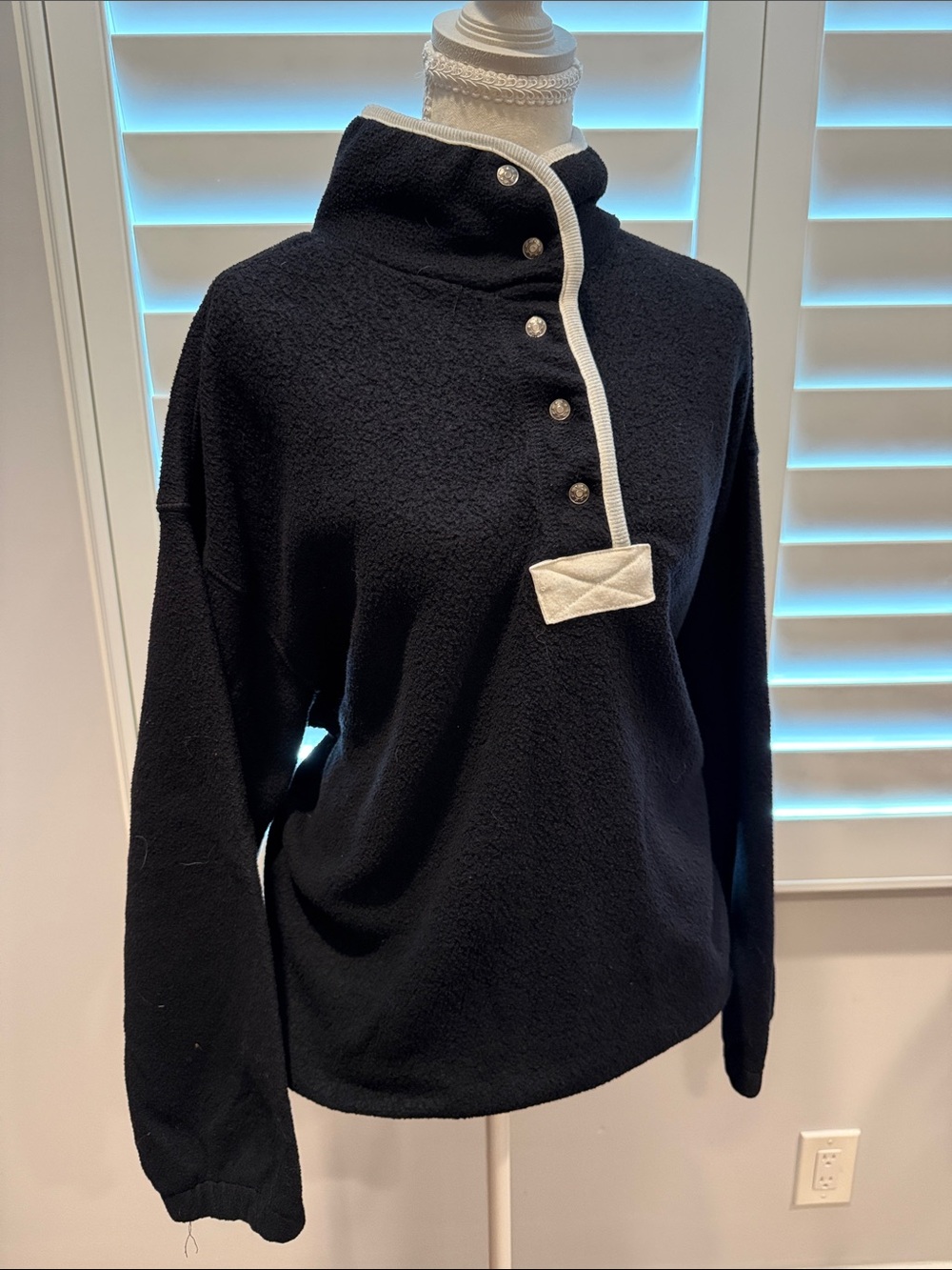 Vintage Black Funnel Neck Sweater with Cream Trim